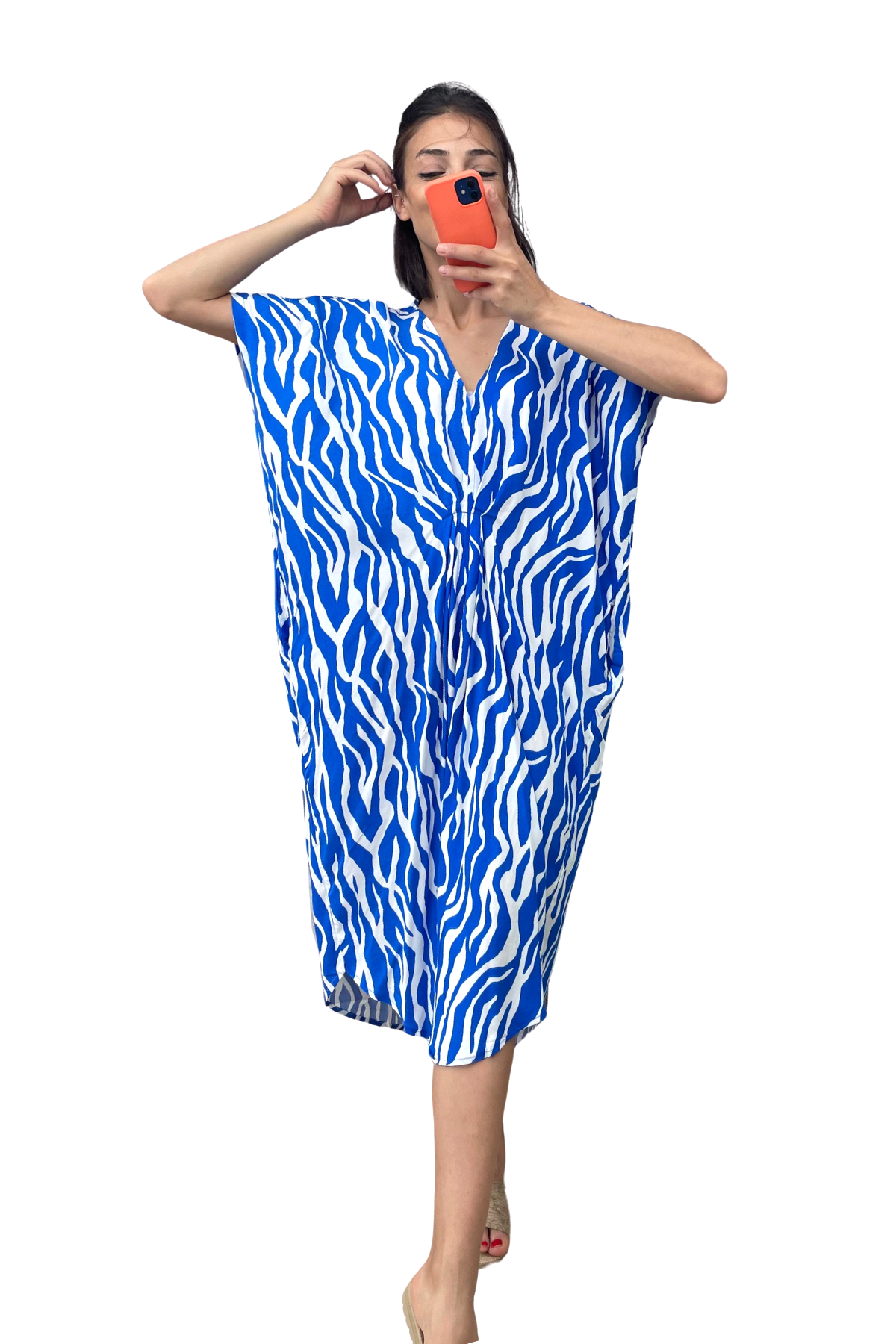 Saks Mavi Desenli V Yaka Tasarım Cepli Elbise