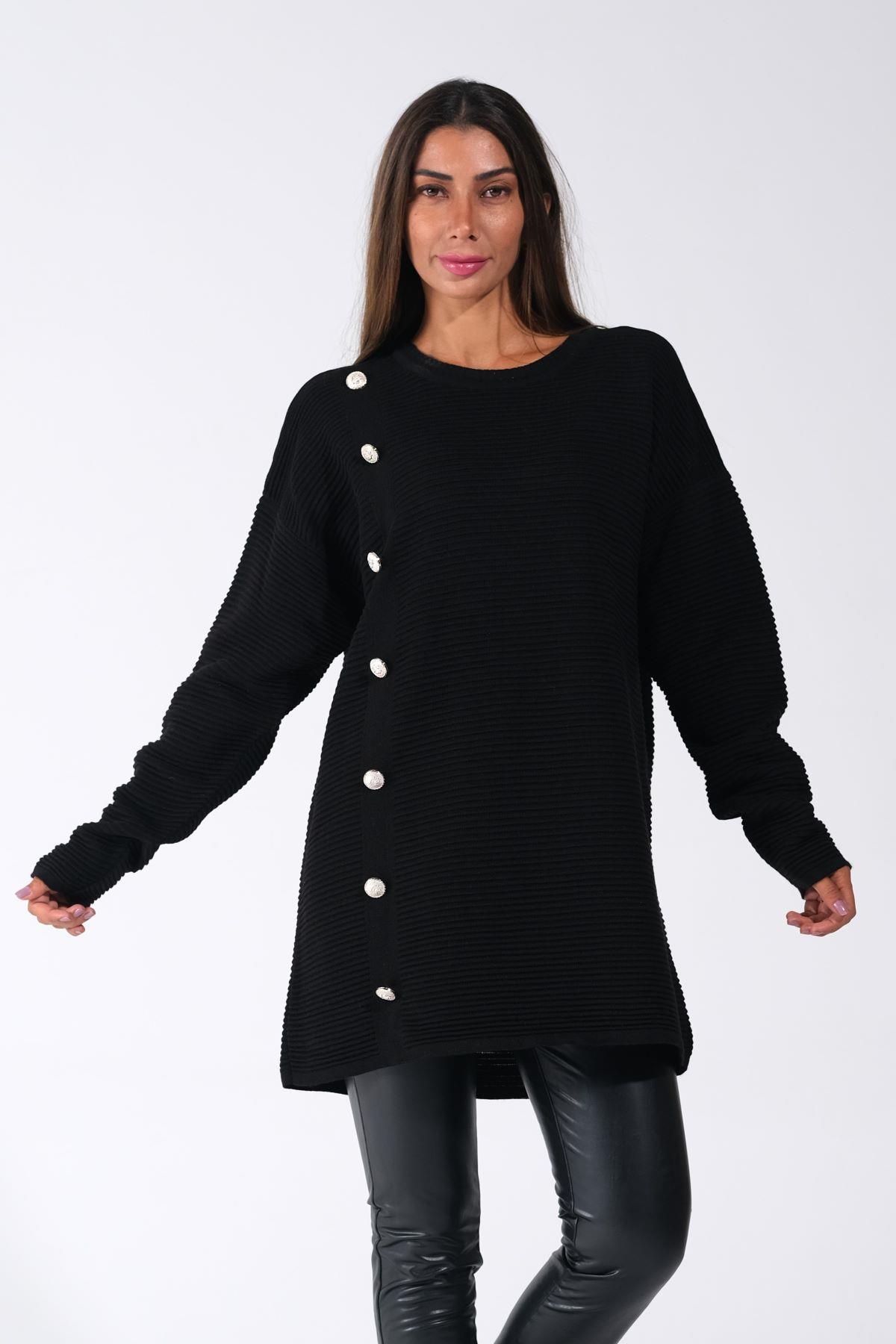 Siyah Bisiklet Yaka Fitilli Düğme Detaylı Triko Kazak 