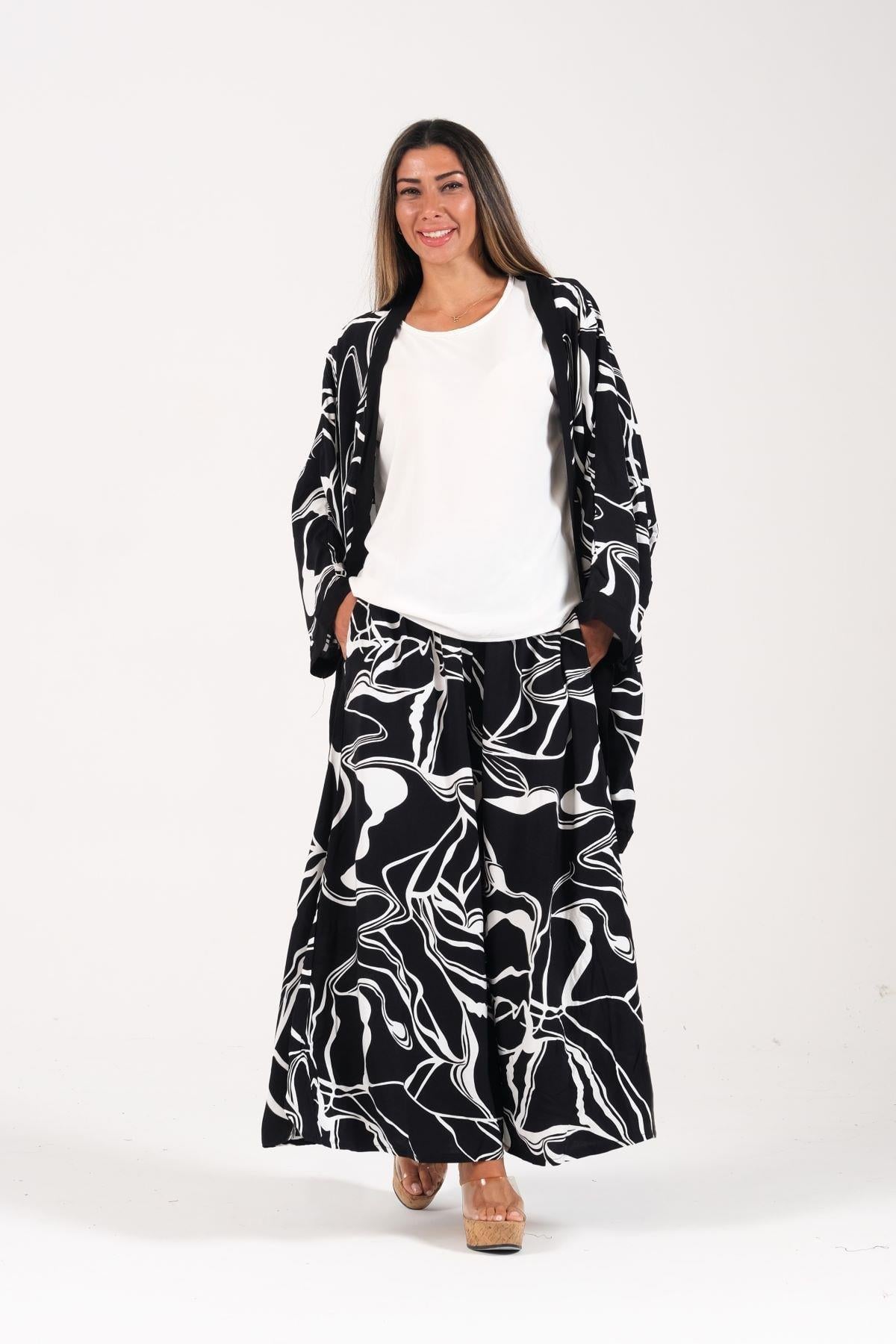 Siyah Desenli Tunik Bluz Pantolon Üçlü Takım