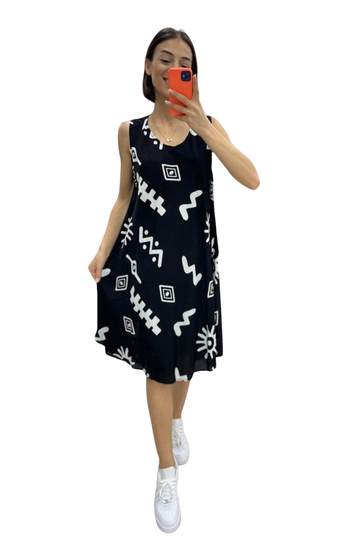 Siyah Kalın Askılı Desenli Midi Elbise