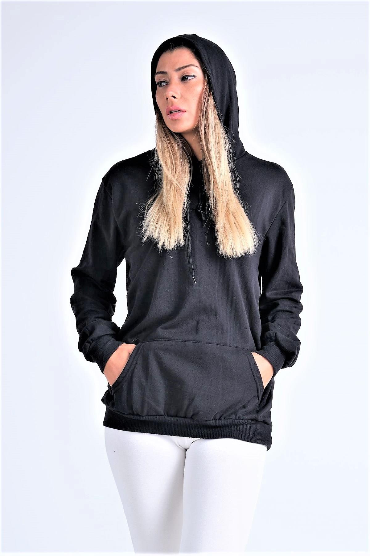 Siyah Kapüşonlu Kanguru Cepli Şardonlu Sweatshirt