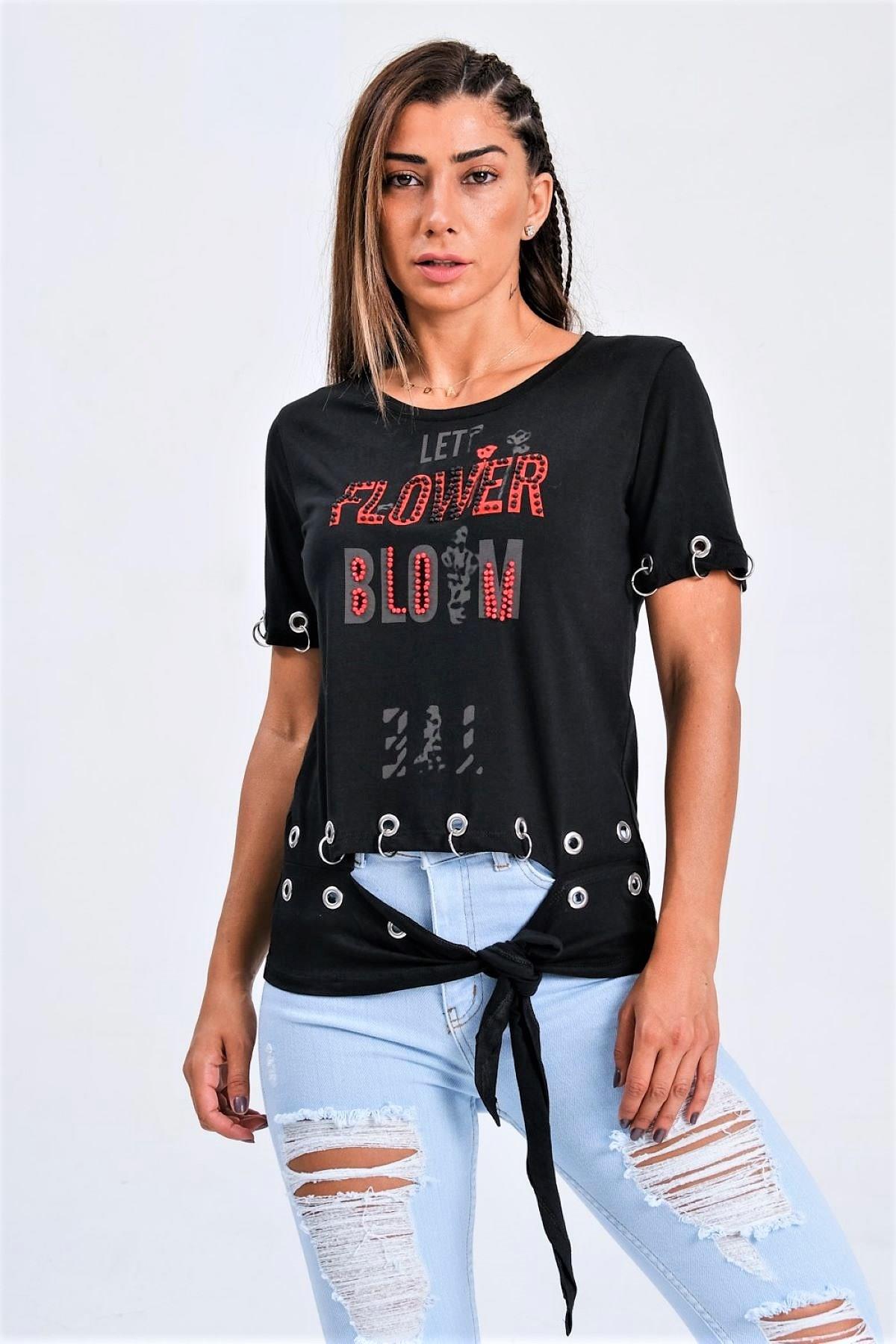 Siyah Kuş Gözü Detaylı Önden Bağlamalı Yazılı Taşlı T-Shirt