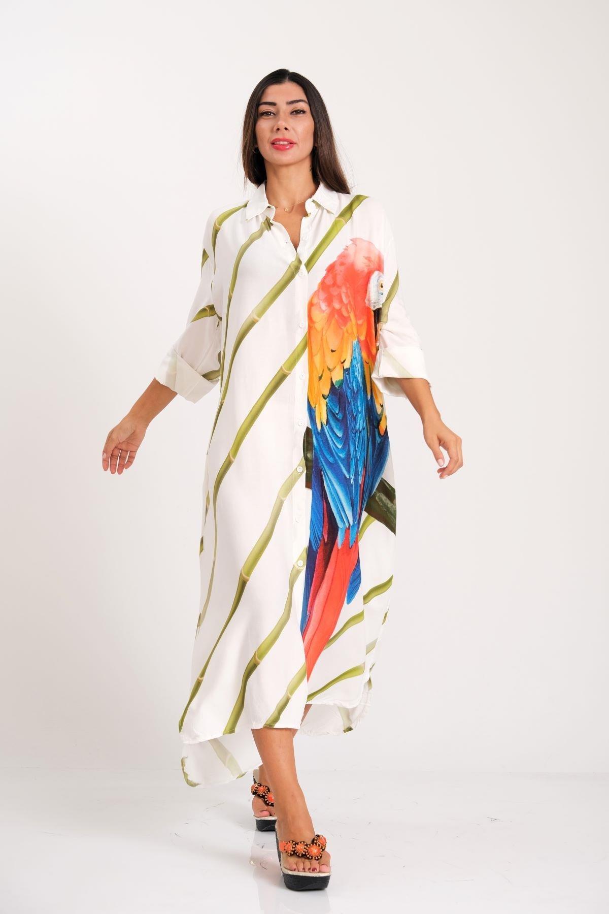 Yeşil Çizgili Papağan Desenli Kolları Apoletli Cepli Uzun Gömlek Elbise