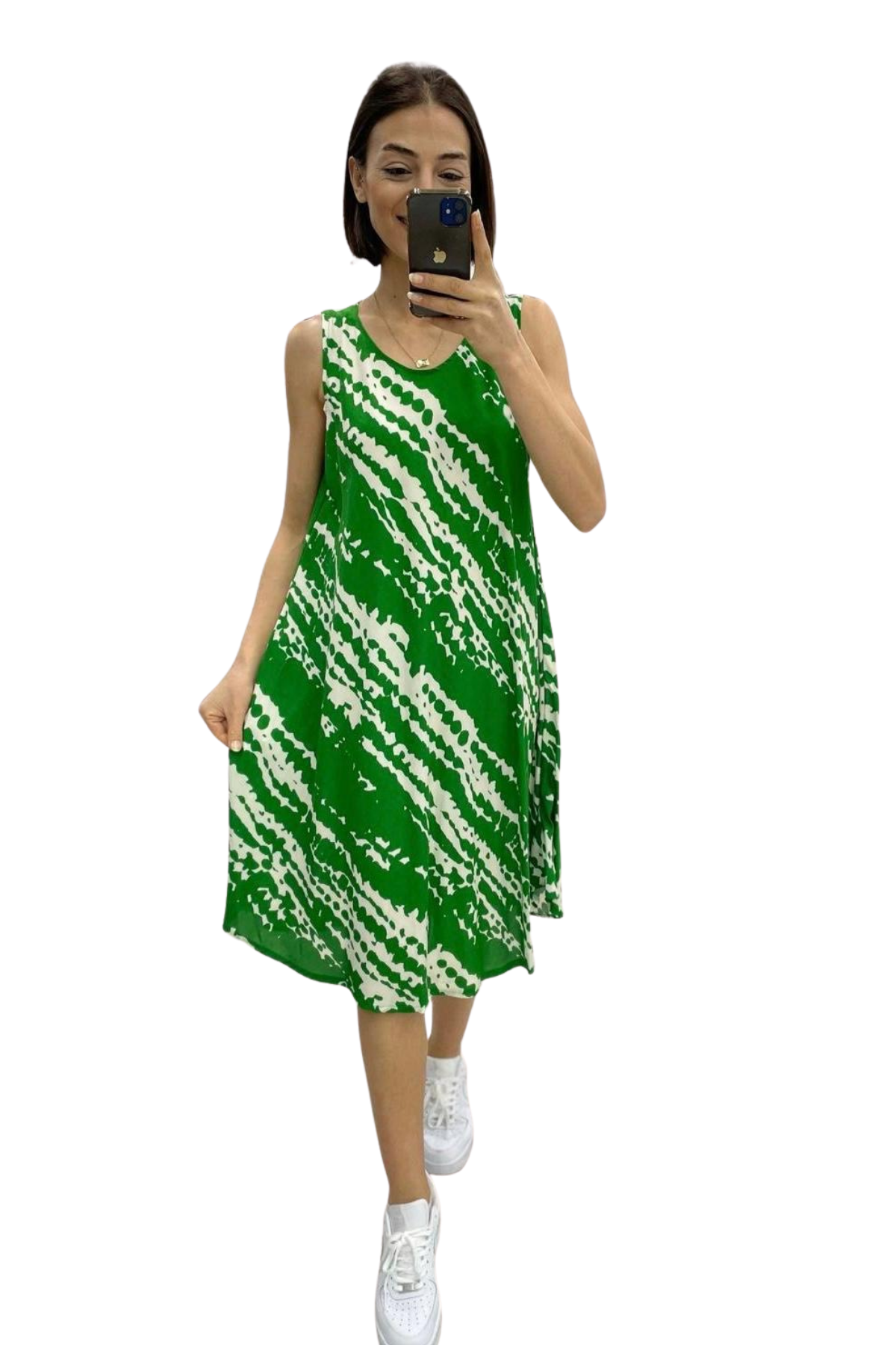 Yeşil Desenli Kalın Askılı Midi Elbise