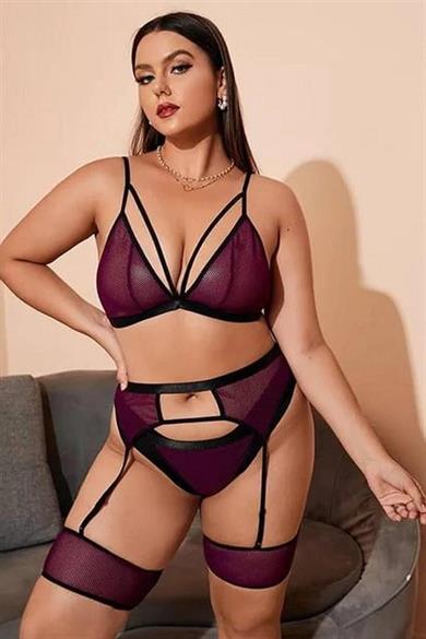 Bordo Noktalı Jartiyer Sexi Sütyen Külot Takım  51150BT