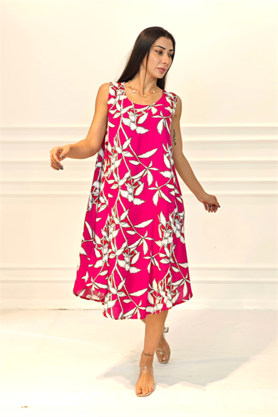 Fuşya Çiçekli U Yaka Askılı Midi Elbise