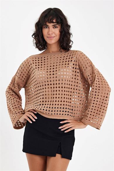 Kahverengi File İspanyol Kol Crop Örgü Delikli Triko Kazak