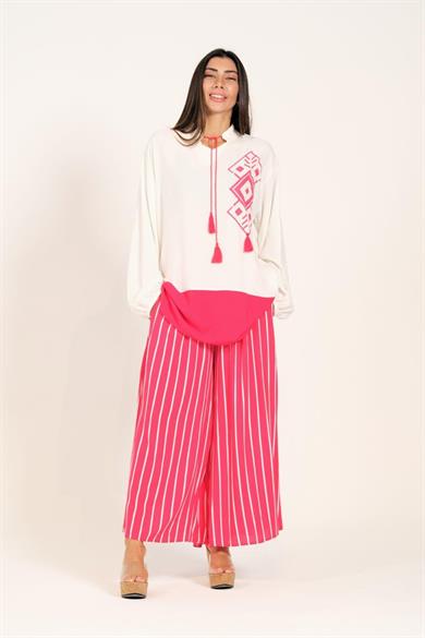 Pembe Desenli Püsküllü Pantolonu Çizgili Cepli Tunik Pantolon İkili Takım
