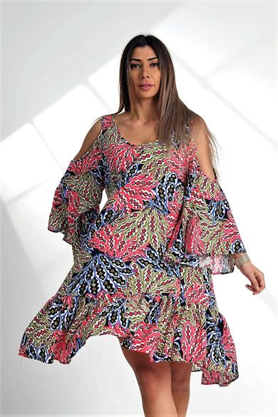 Pembe Omuzu Pencereli Palmiye Desen Kolları Volanlı Oversize Elbise