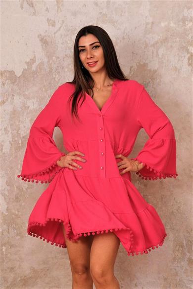 Pembe V Yaka Önden Düğmeli Kolları Volanlı Ponponlu Kısa Elbise