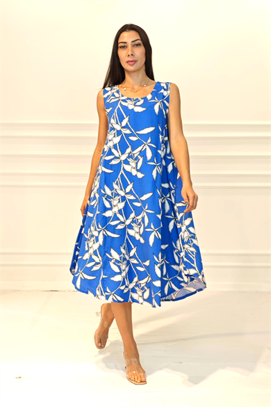 Saks Mavi Çiçekli U Yaka Askılı Midi Elbise