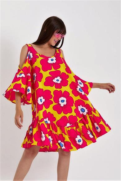 Sarı Pembe Omuzu Pencereli Büyük Çiçek Desen Kolları Volanlı Oversize Elbise