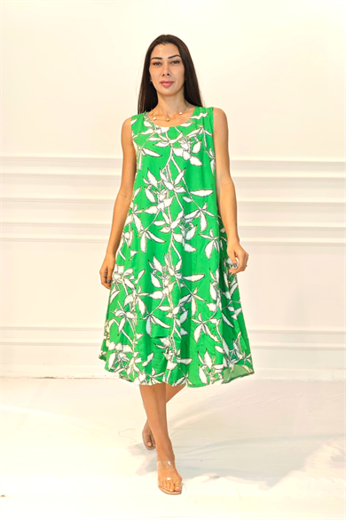 Yeşil Çiçekli U Yaka Askılı Midi Elbise