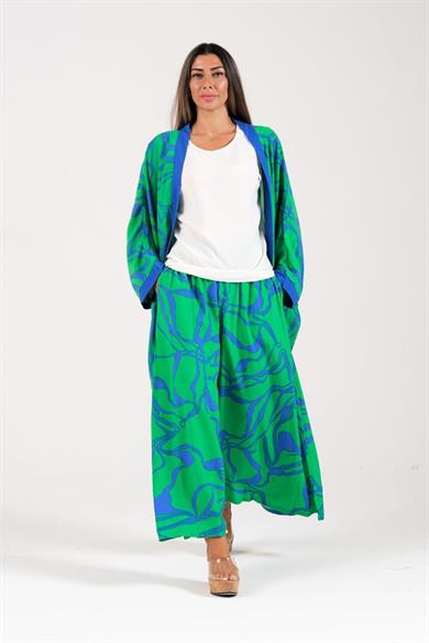 Yeşil Desenli Tunik Bluz Pantolon Üçlü Takım