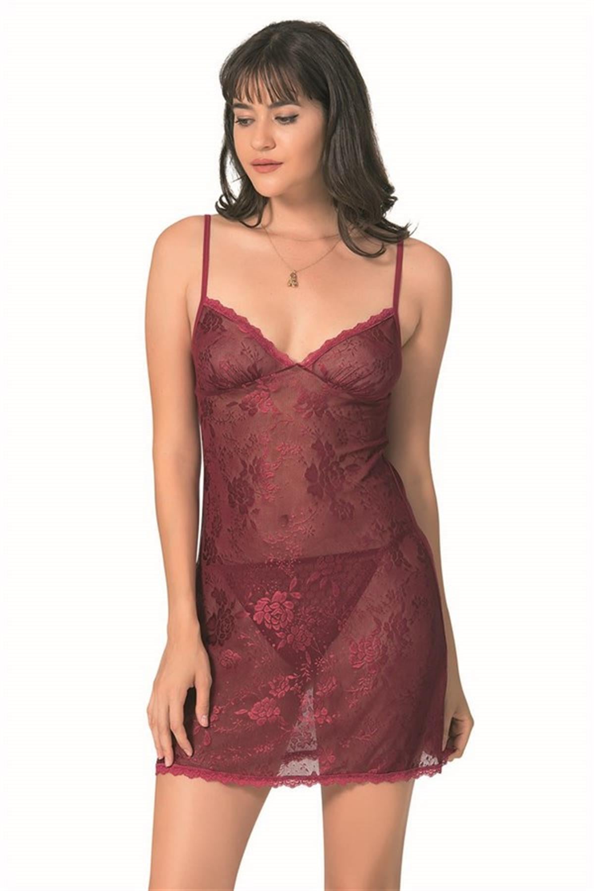 Markano Burgundy Kurzes Jacquard-Nachtkleid