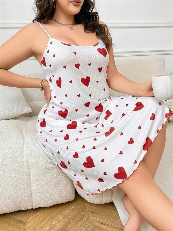 Aria's Closet Büyük Beden Kalp Desen Pamuklu İnce Askılı Uzun Gecelik