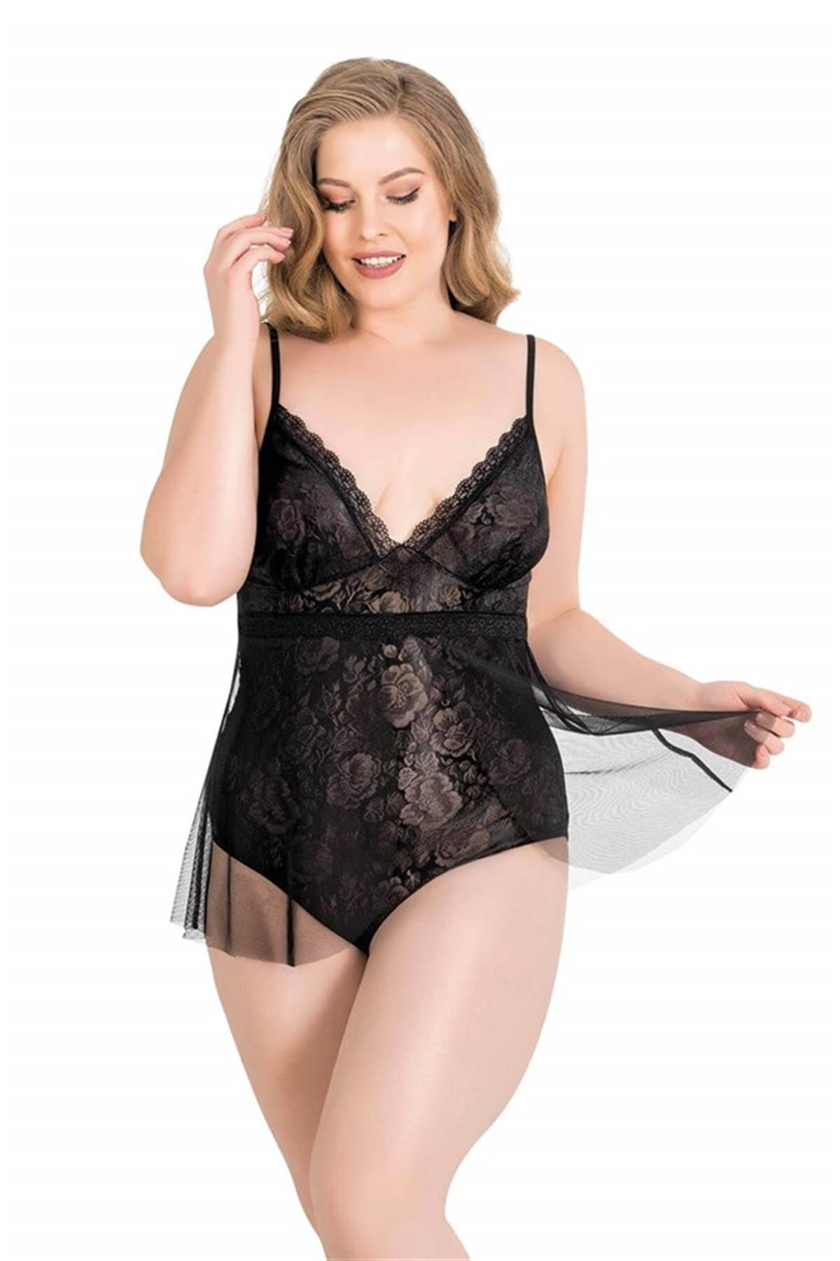 Markano Plus Size Schwarzer Bodysuit Jacquard Nachthemd
