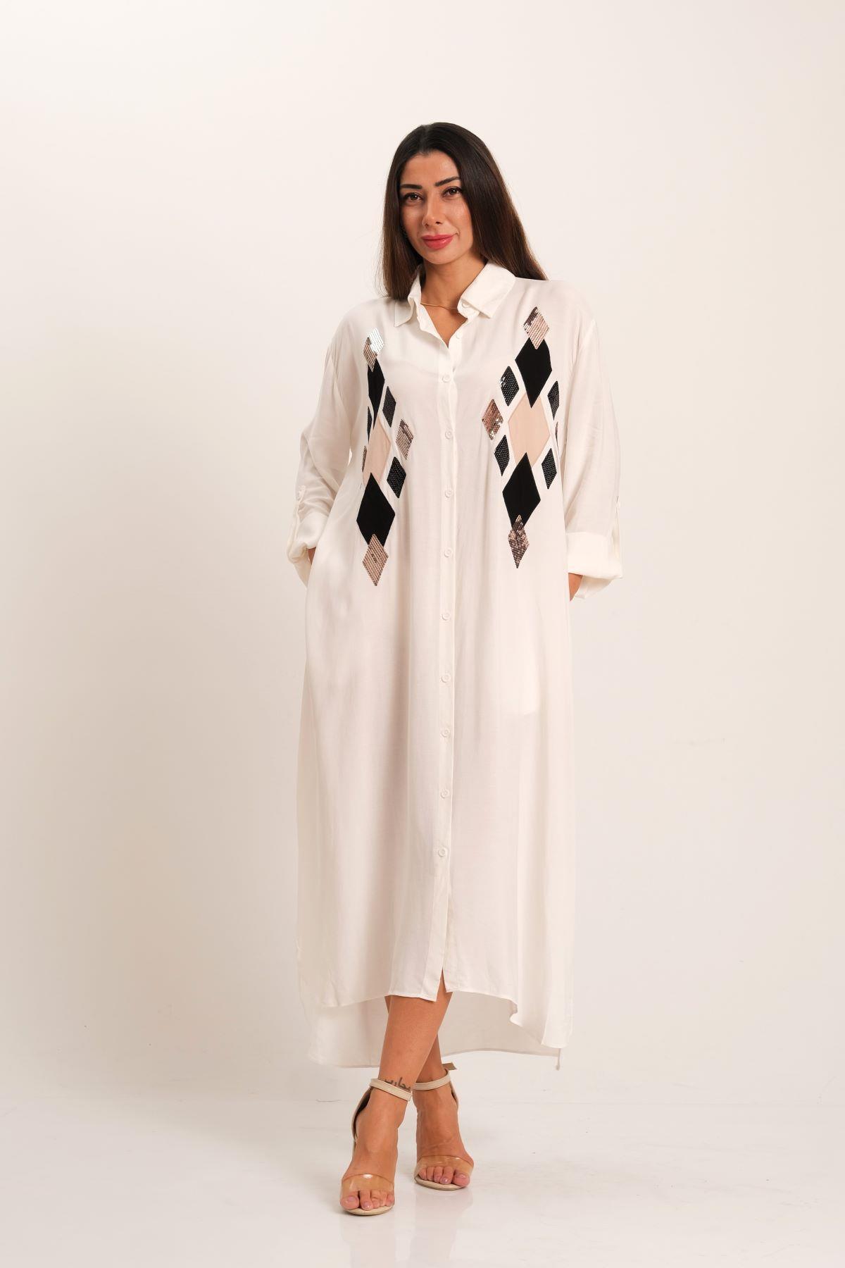 Markano Weißes Front Pailletten Pailletten Stickerei Langes Hemdkleid mit Epauletten Ärmel