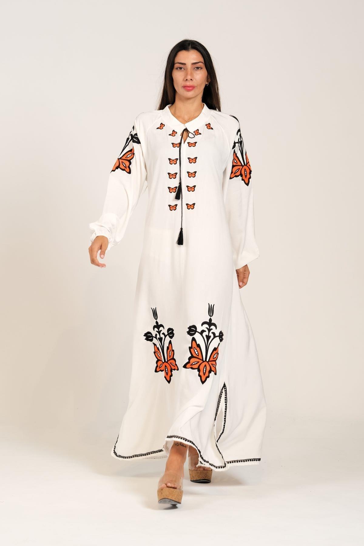Markano Weiß Nullkragen Ballonärmel Authentisch Bestickt Langes Kleid