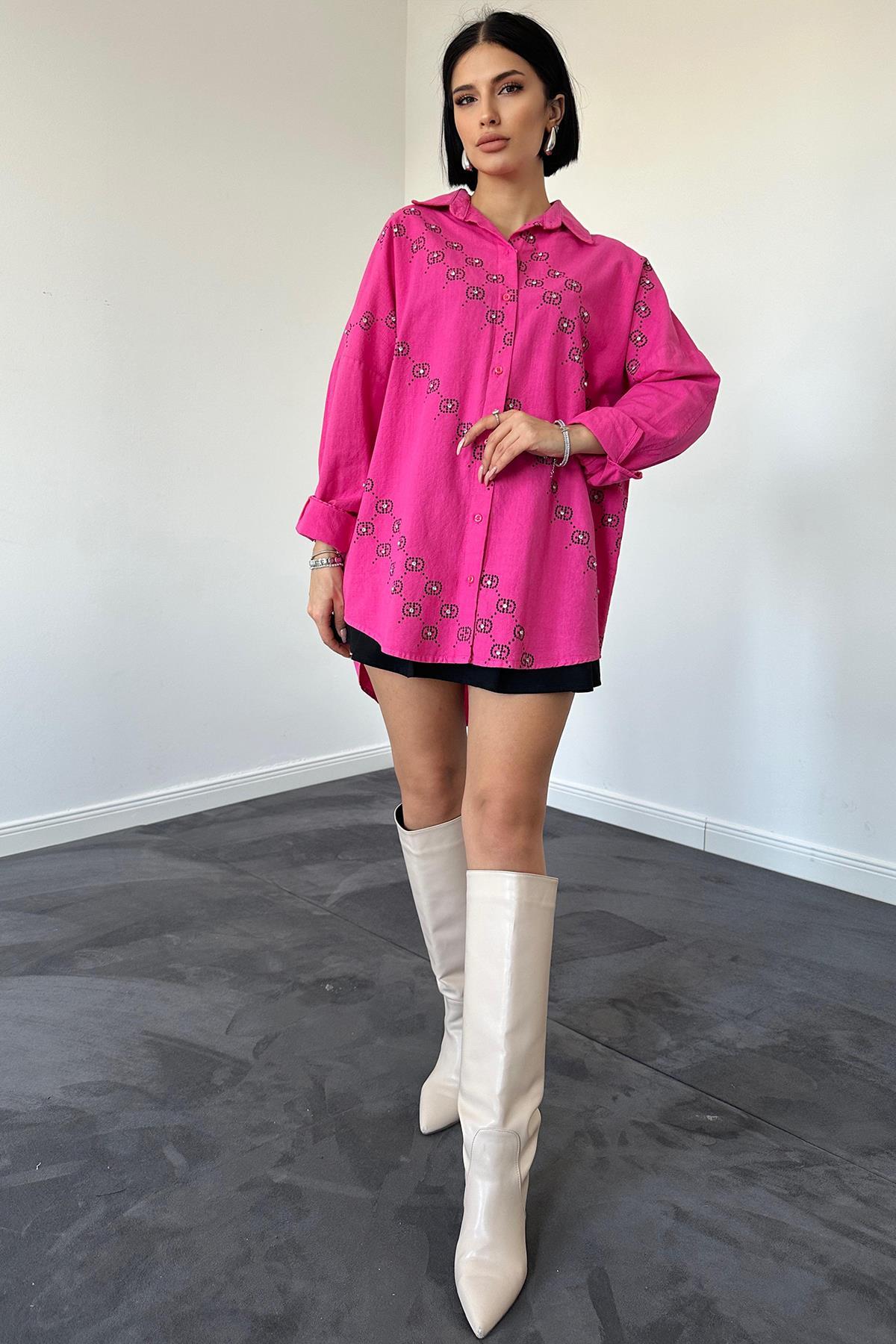 Boyamalı Keten Baskılı Taşlı Gömlek