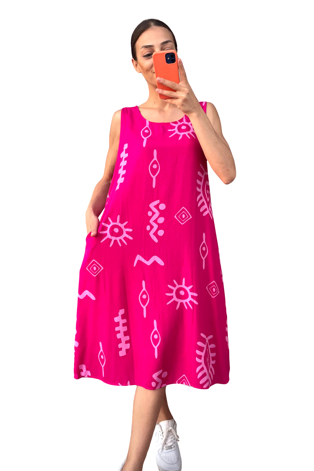 Fuşya Balık Desenli Kalın Askılı Cepli Midi Elbise