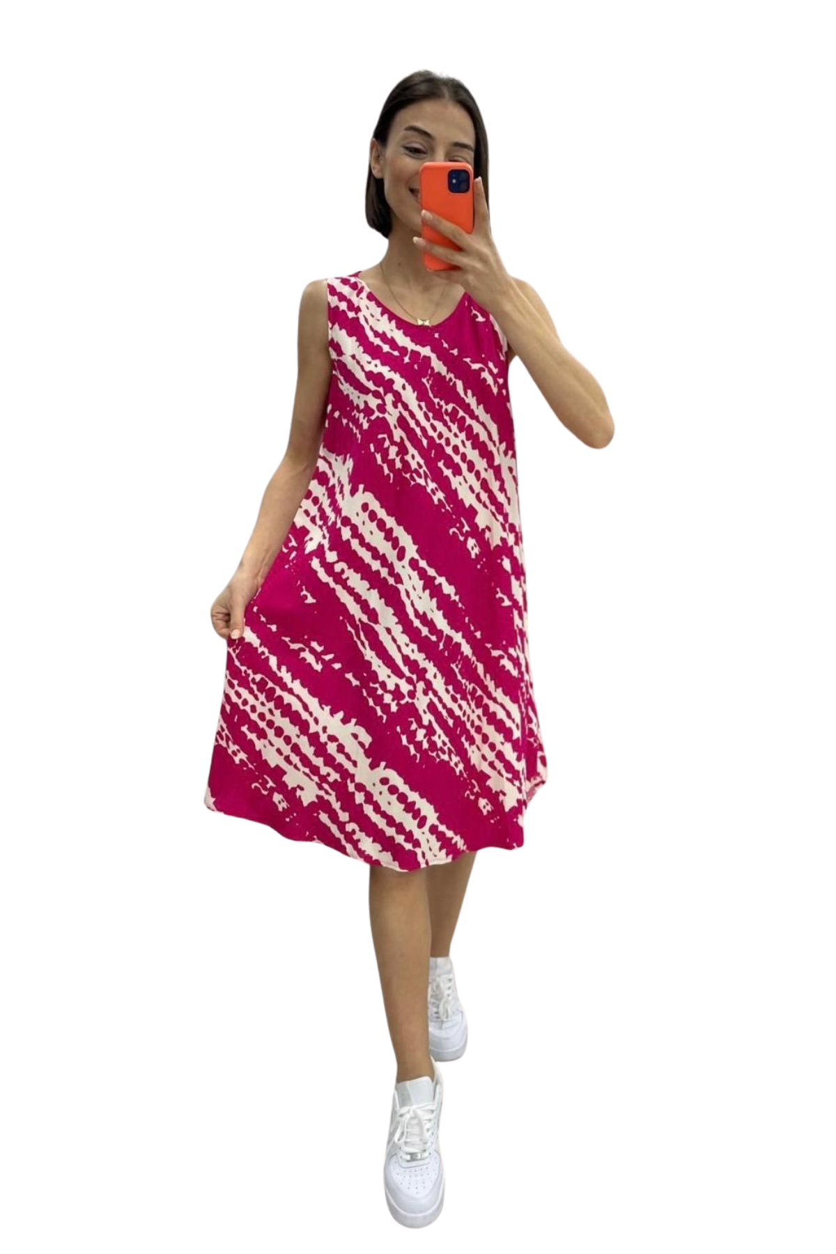 Fuşya Çizgi Desenli Kalın Askılı Midi Elbise