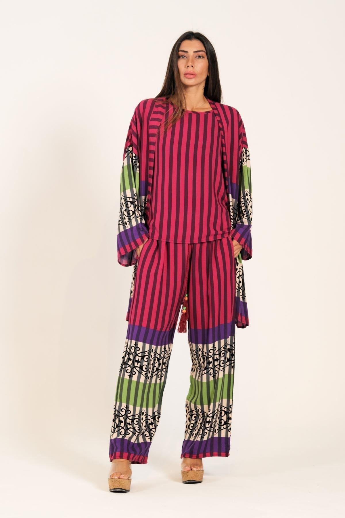 Markano Fuchsia Gestreiftes Tunika-Bluse-Hose-Dreier-Set