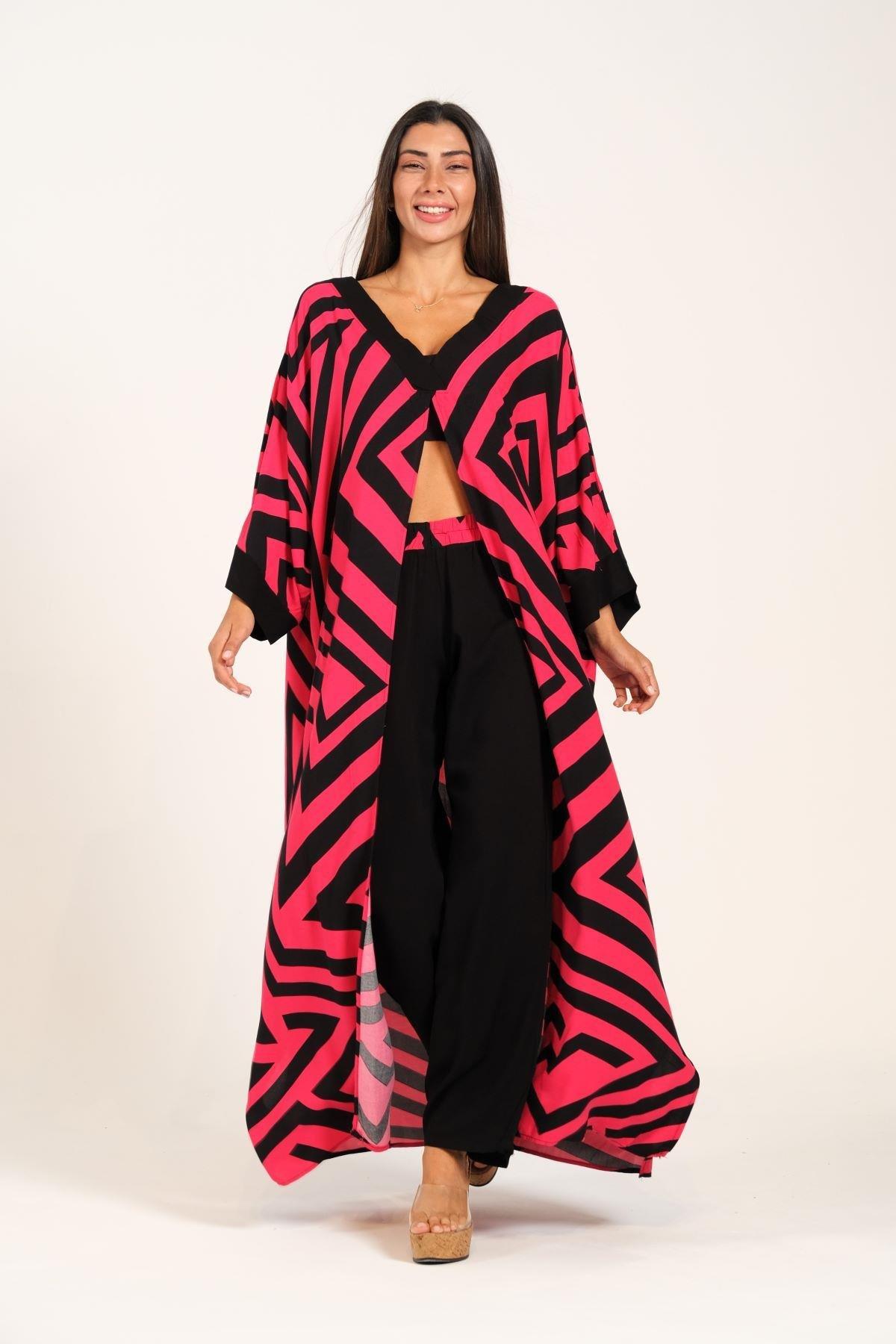 Markano Fuchsia Schwarz Gemustert V-Ausschnitt Vorne Schlitztasche Tunika Hose Doppelset