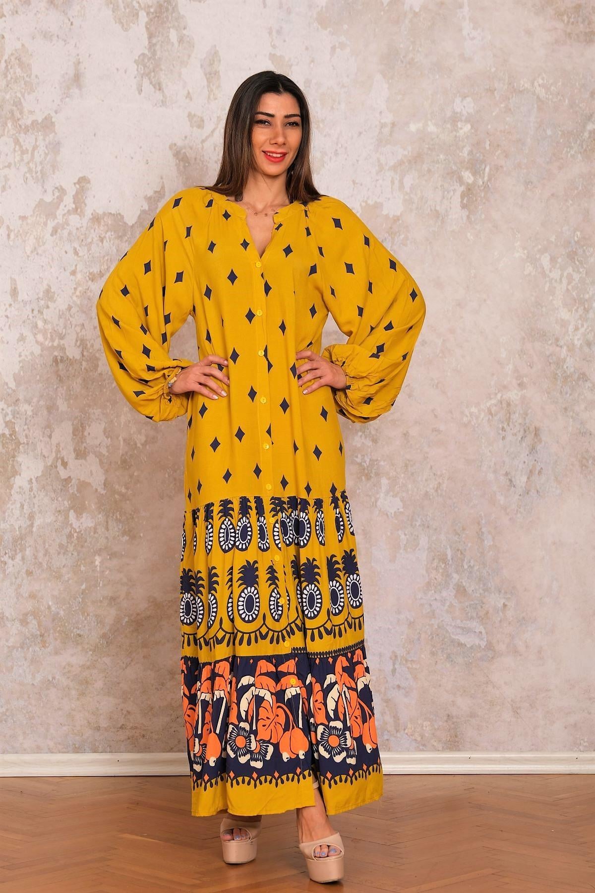 Markano Senf Ethnisch Gemustert V-Ausschnitt Ballonärmel Vorne Geknöpft Rock Gefaltetes Langes Kleid 