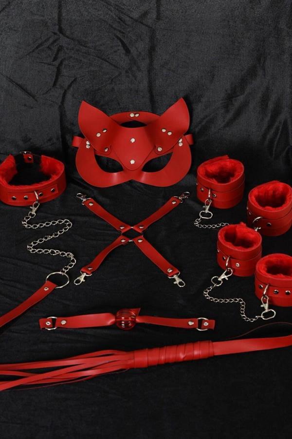 Markano Rot gefiederte Maske Arm, Bein, Maul Ball, Peitsche, Leine Set 
