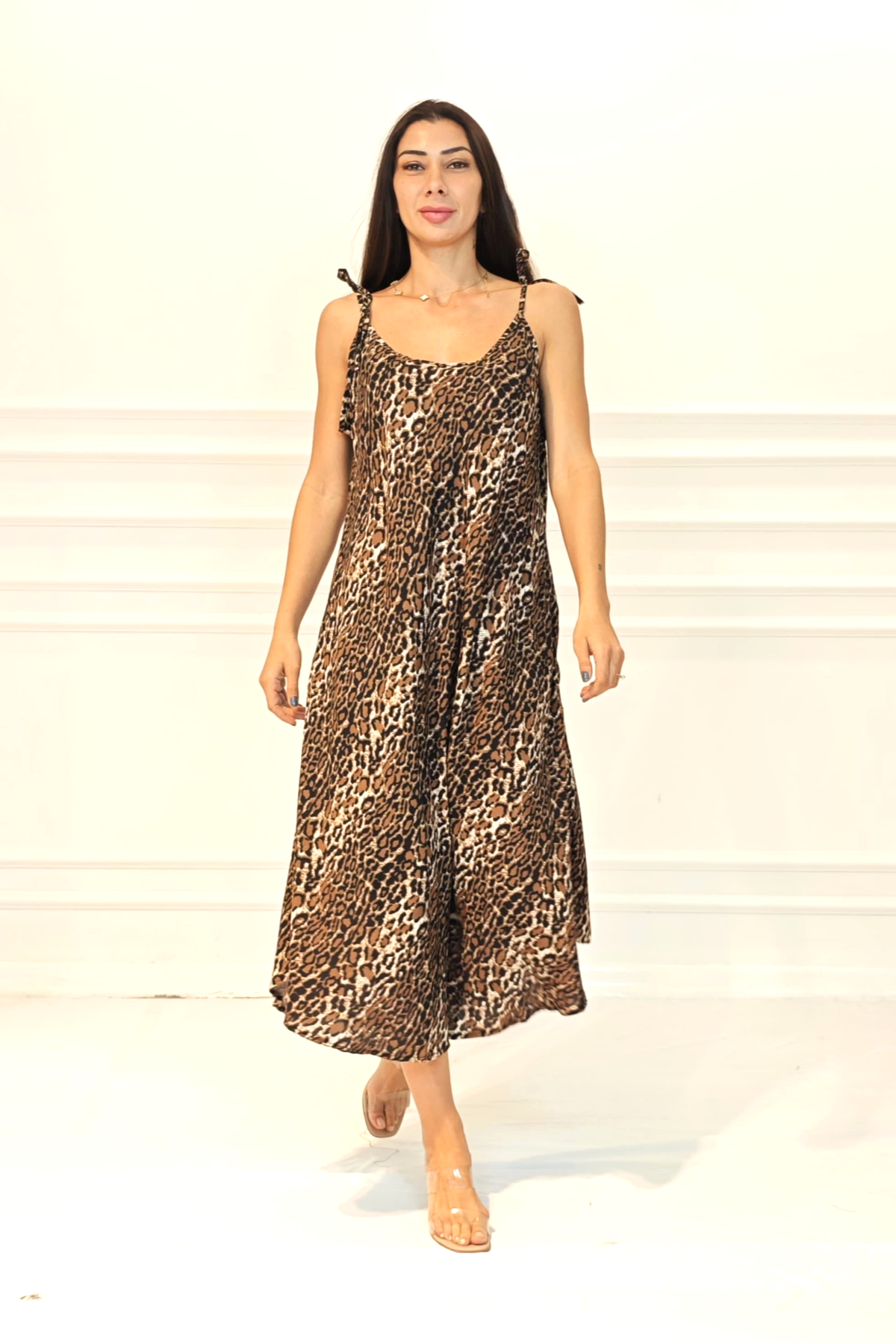 Leopar Desenli Askılı Uzun Elbise