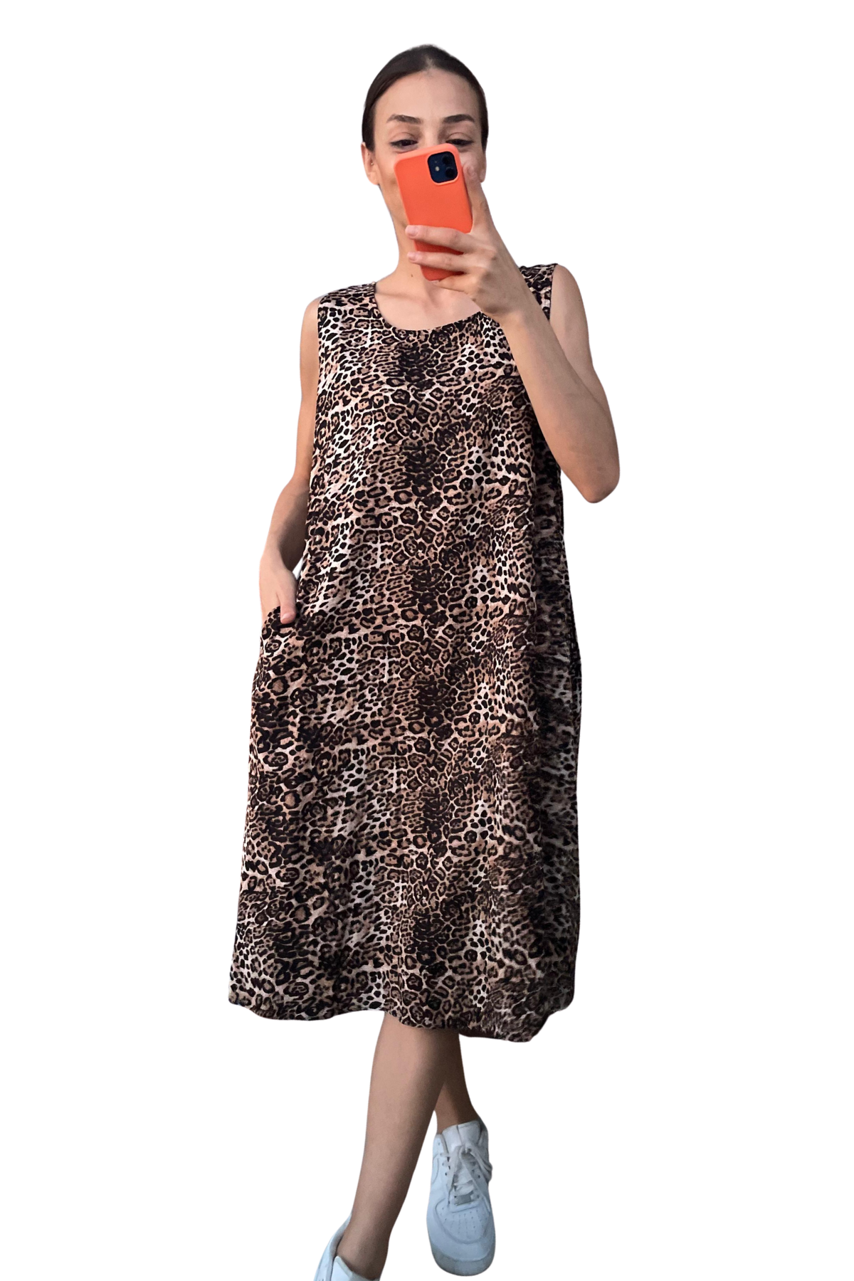 Leopar Desenli Kalın Askılı Cepli Midi Elbise