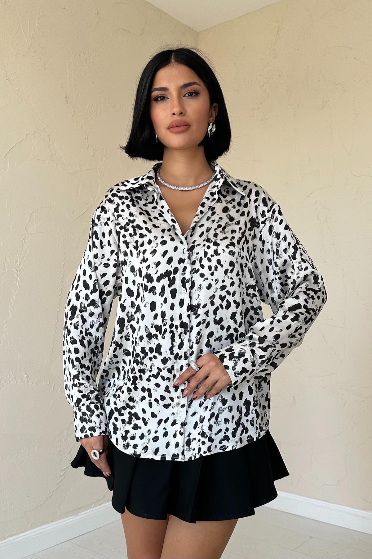 Leopar Desenli Saten Gömlek