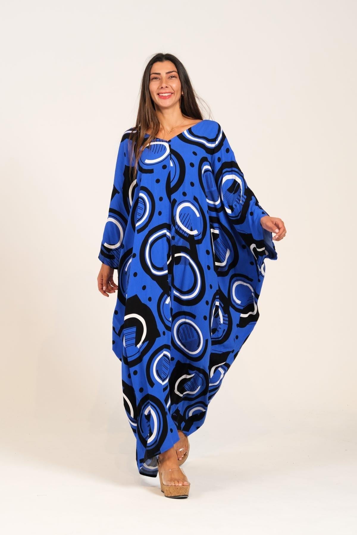 Markano Blau Gemustertes Langes Kleid mit V-Ausschnitt und überschnittenen Ärmeln und Rückenausschnitt