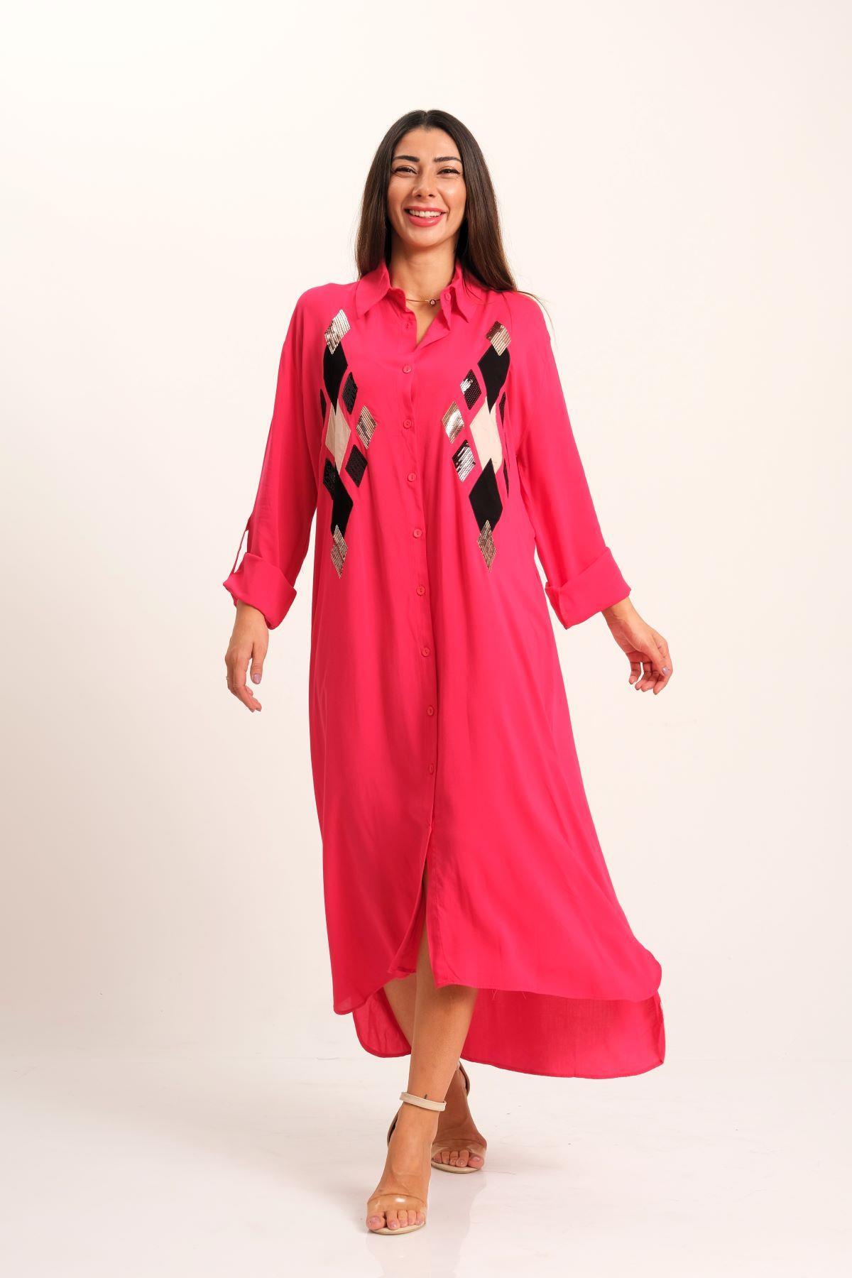 Markano Rosa Front Pailletten Pailletten Stickerei Langes Shirt Kleid mit Epauletten an den Ärmeln