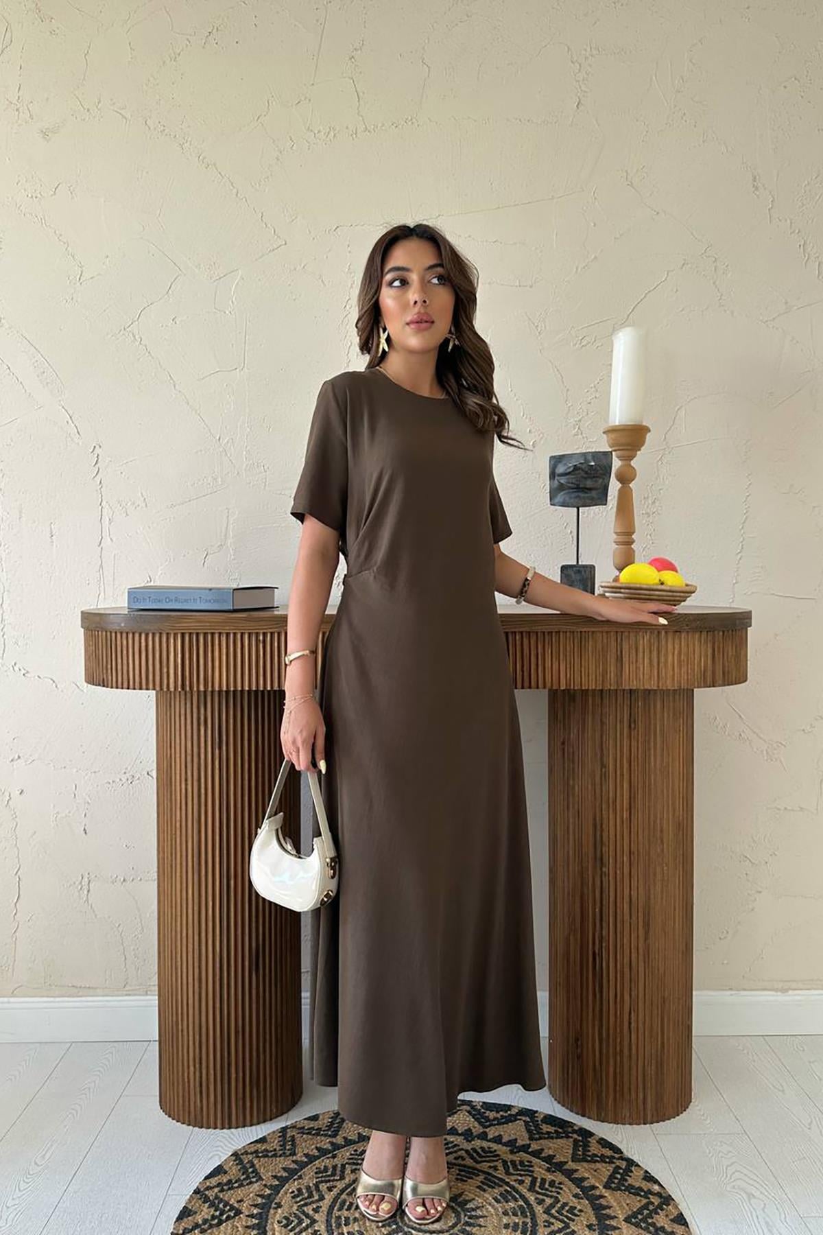 Pileli Bisiklet Yaka Elbise