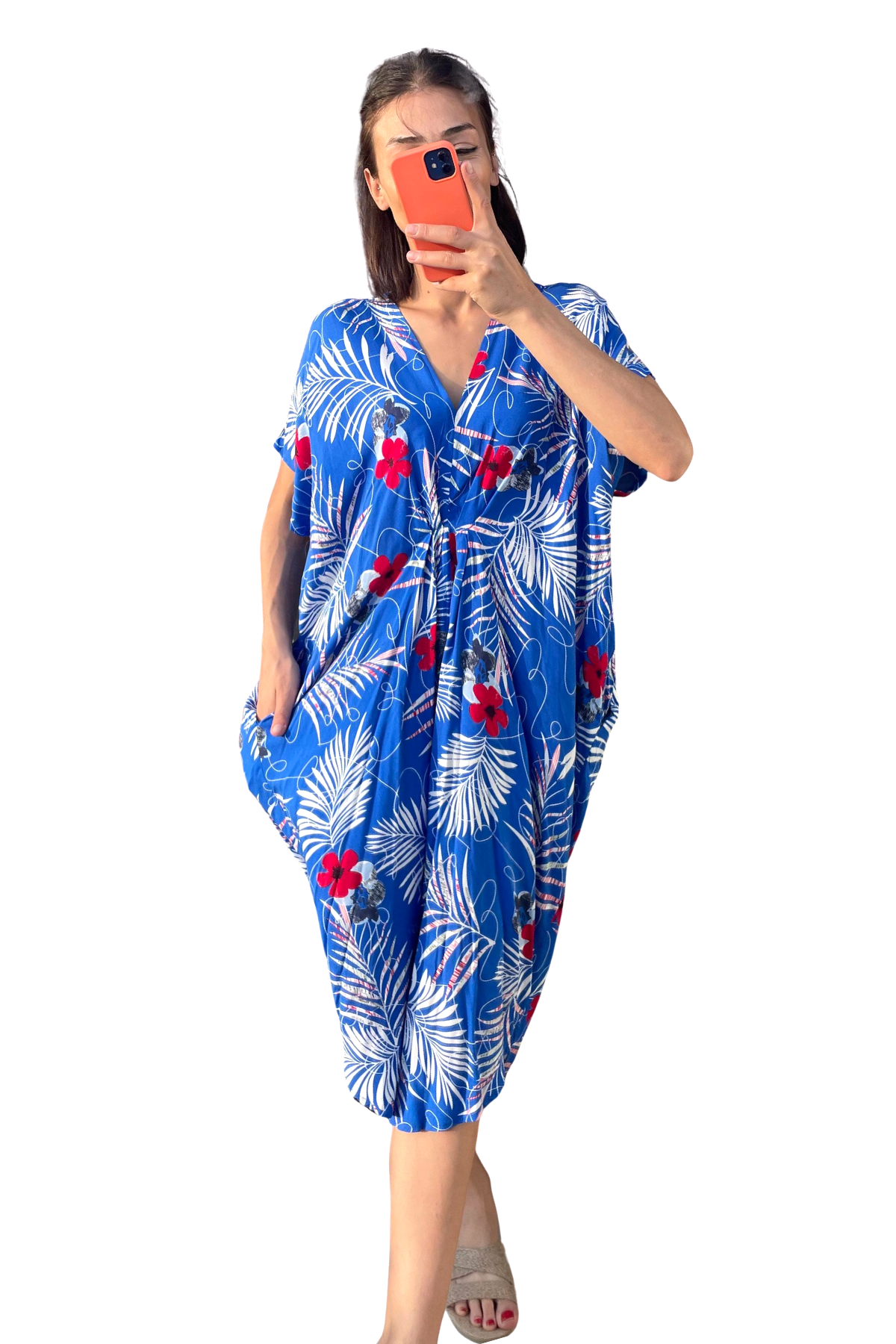 Saks Mavi Çiçekli V Yaka Tasarım Cepli Elbise