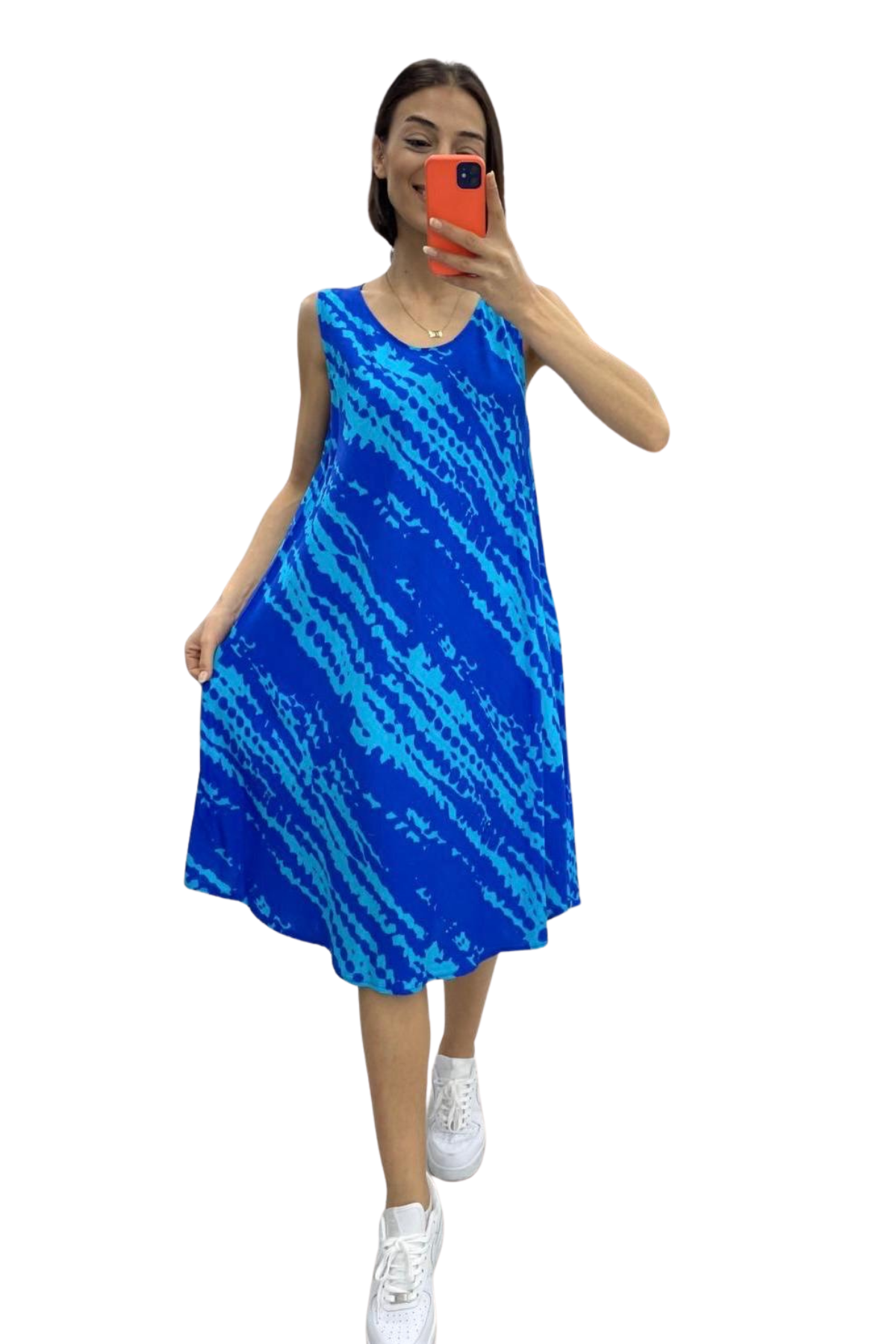 Saks Mavi Çizgi Desenli Kalın Askılı Midi Elbise