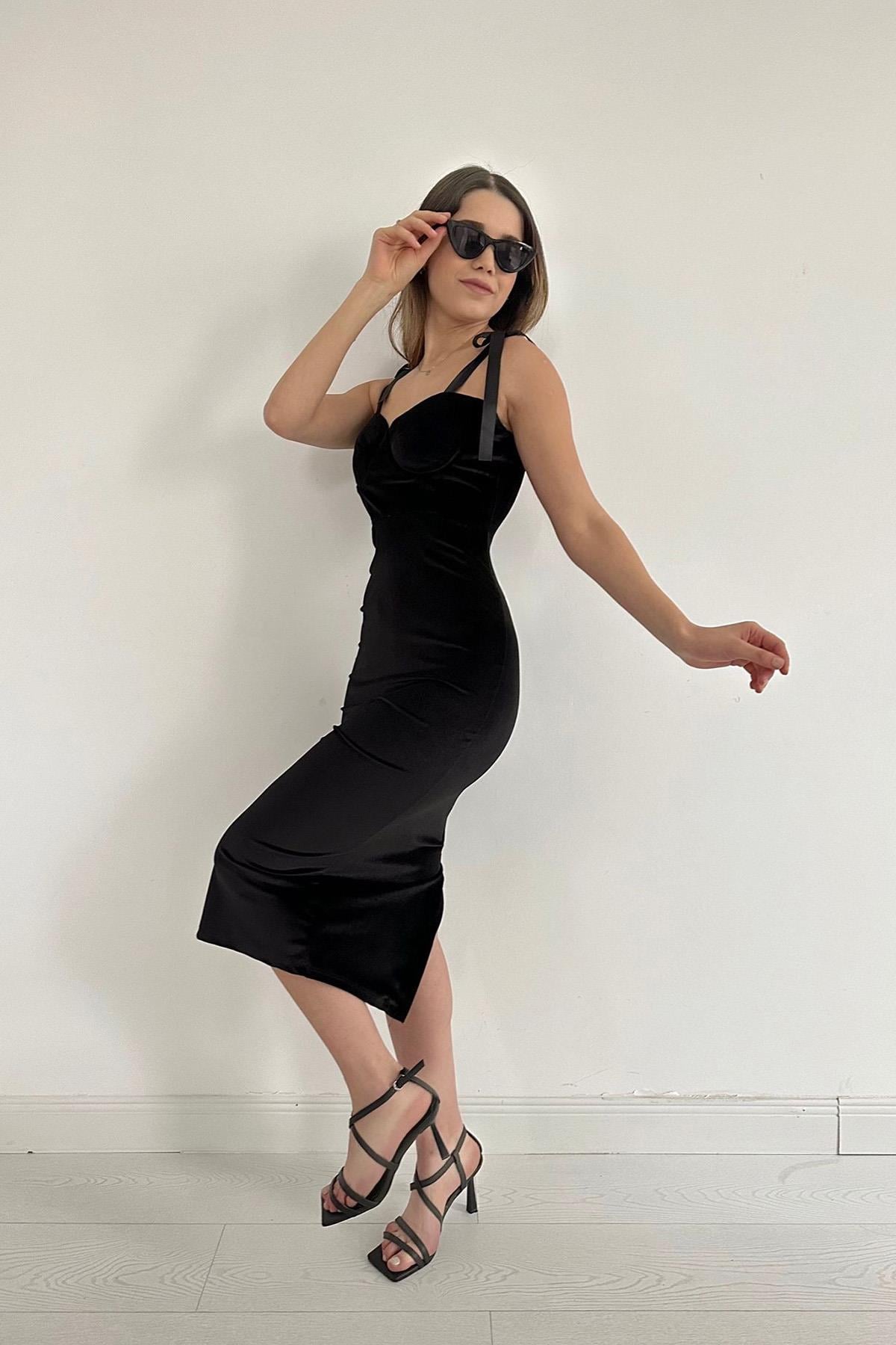 Saten Askılı Kadife Elbise