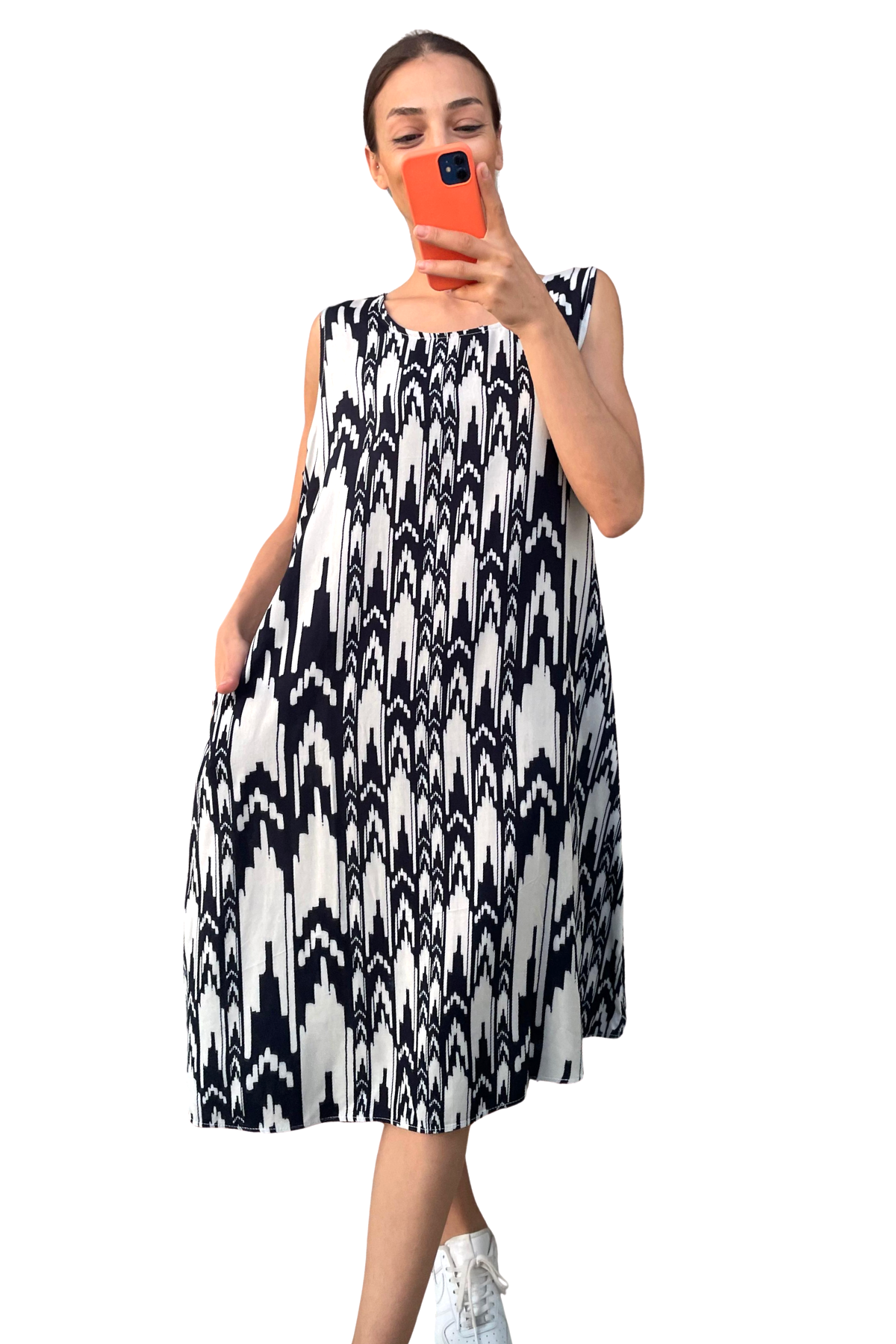 Siyah Desenli Kalın Askılı Cepli Midi Elbise