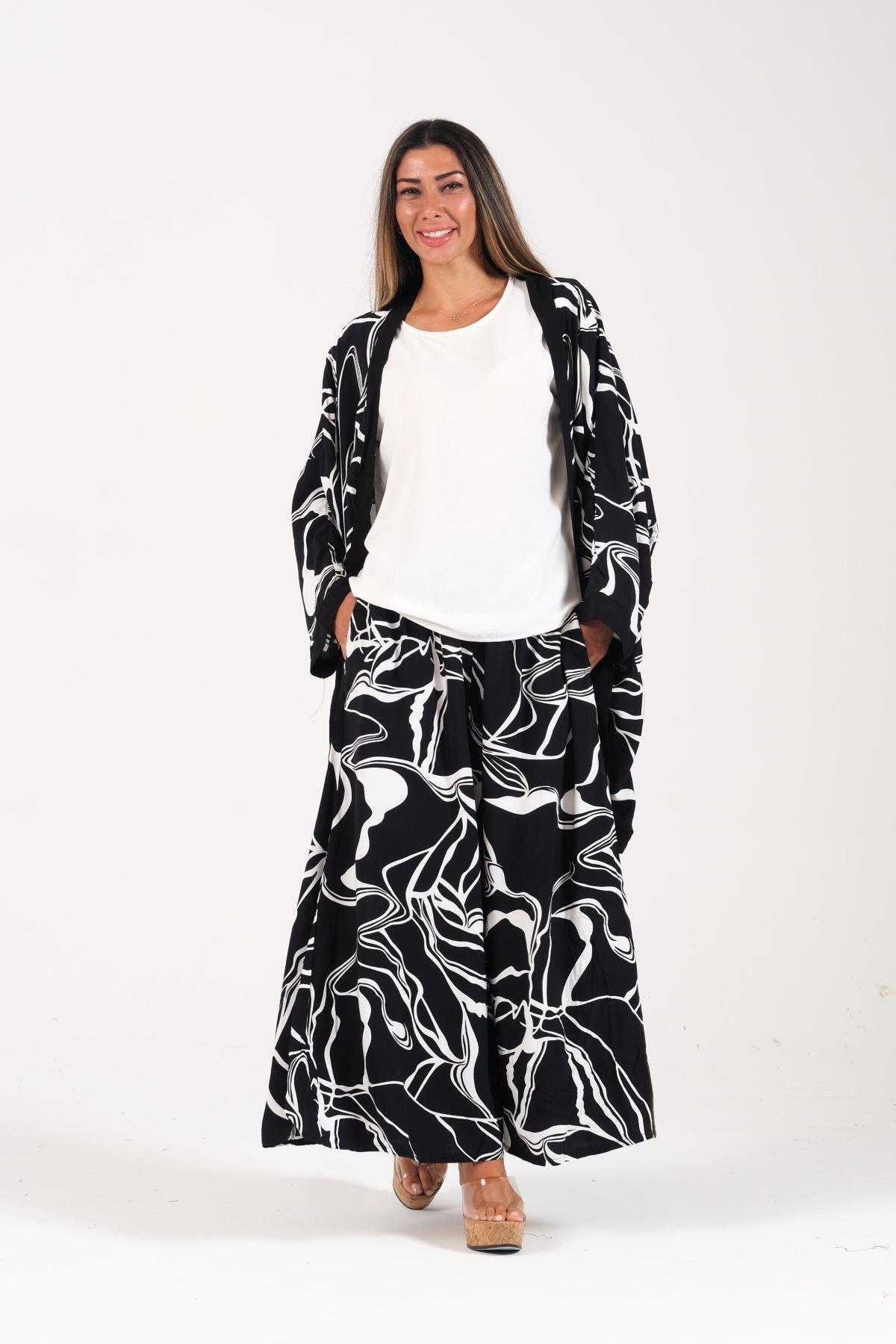 Markano Schwarz Gemusterte Tunika Bluse Hose Triple Set