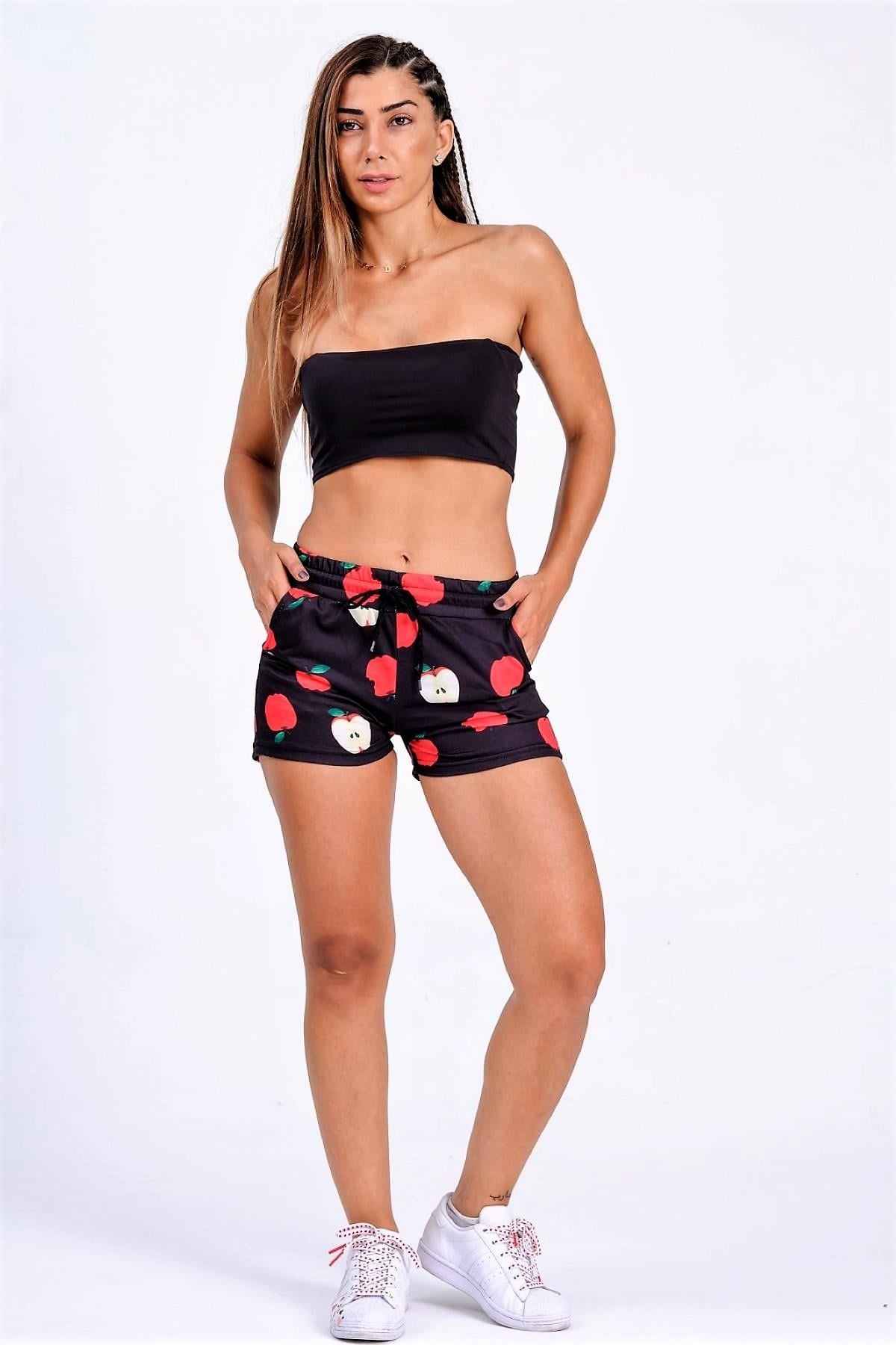 Markano Schwarzer Apfel gemustert Baumwolle Shorts mit elastischer Taille Elastische Taille Krawatte Taschen