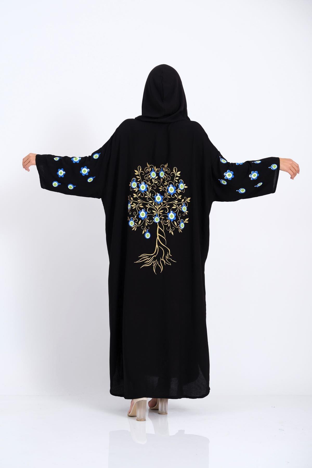 ماركانو فستان أسود طويل بأكمام طويلة بغطاء رأس أسود مع أكمام وظهر منقوشة ومطبوعة على الصدر والأكمام