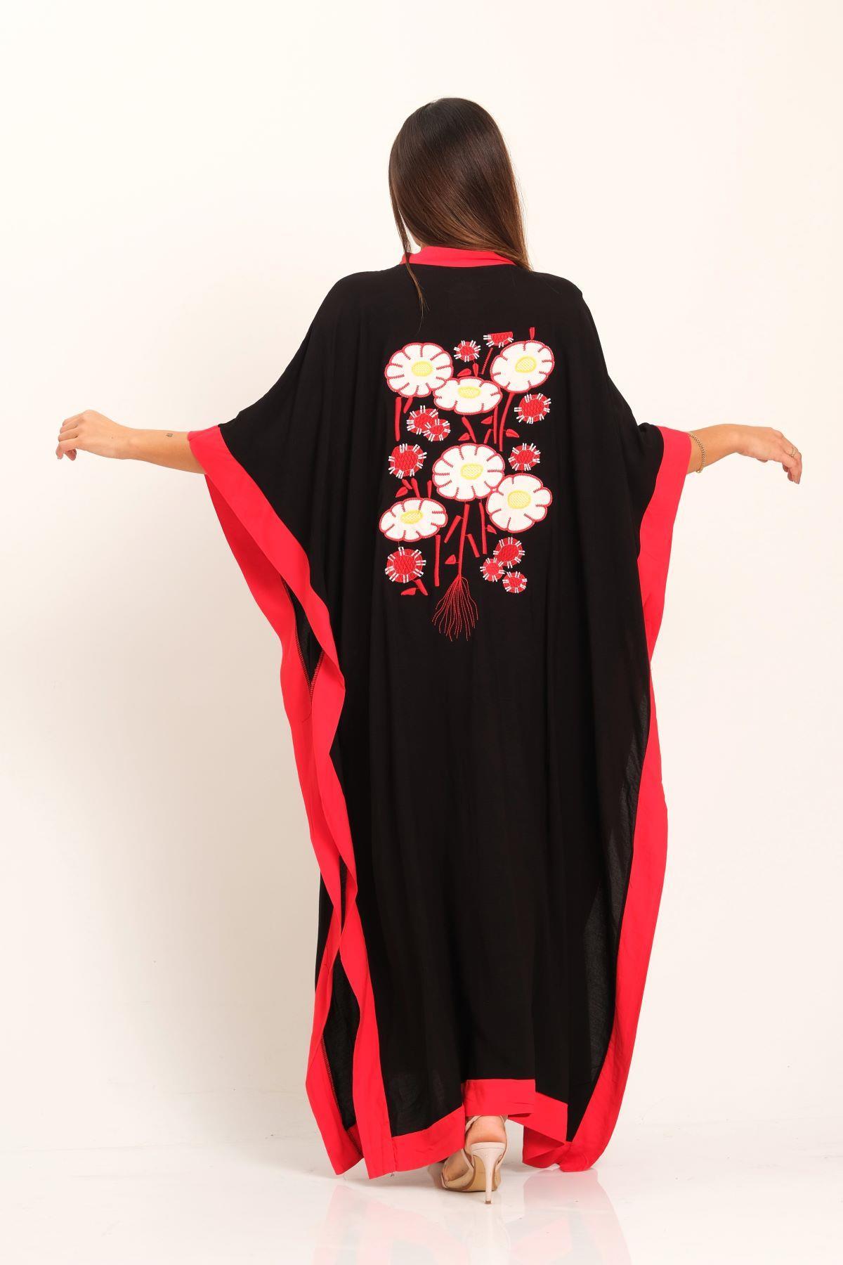 Markano Schwarz Rot Garniert Rücken Floral Bestickt Fransen Fledermaus Ärmel Schlitz Überschnittenes Langes Kleid