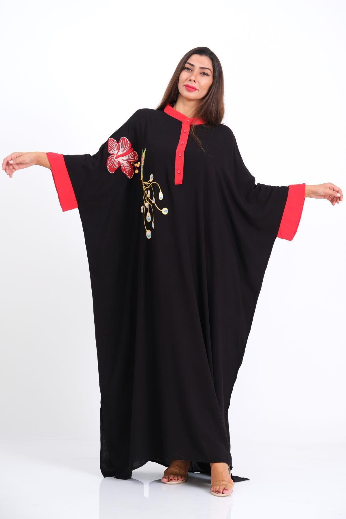 Markano Schwarzes Kleid mit Fledermausärmeln und gestickter Vogelblume in Übergröße