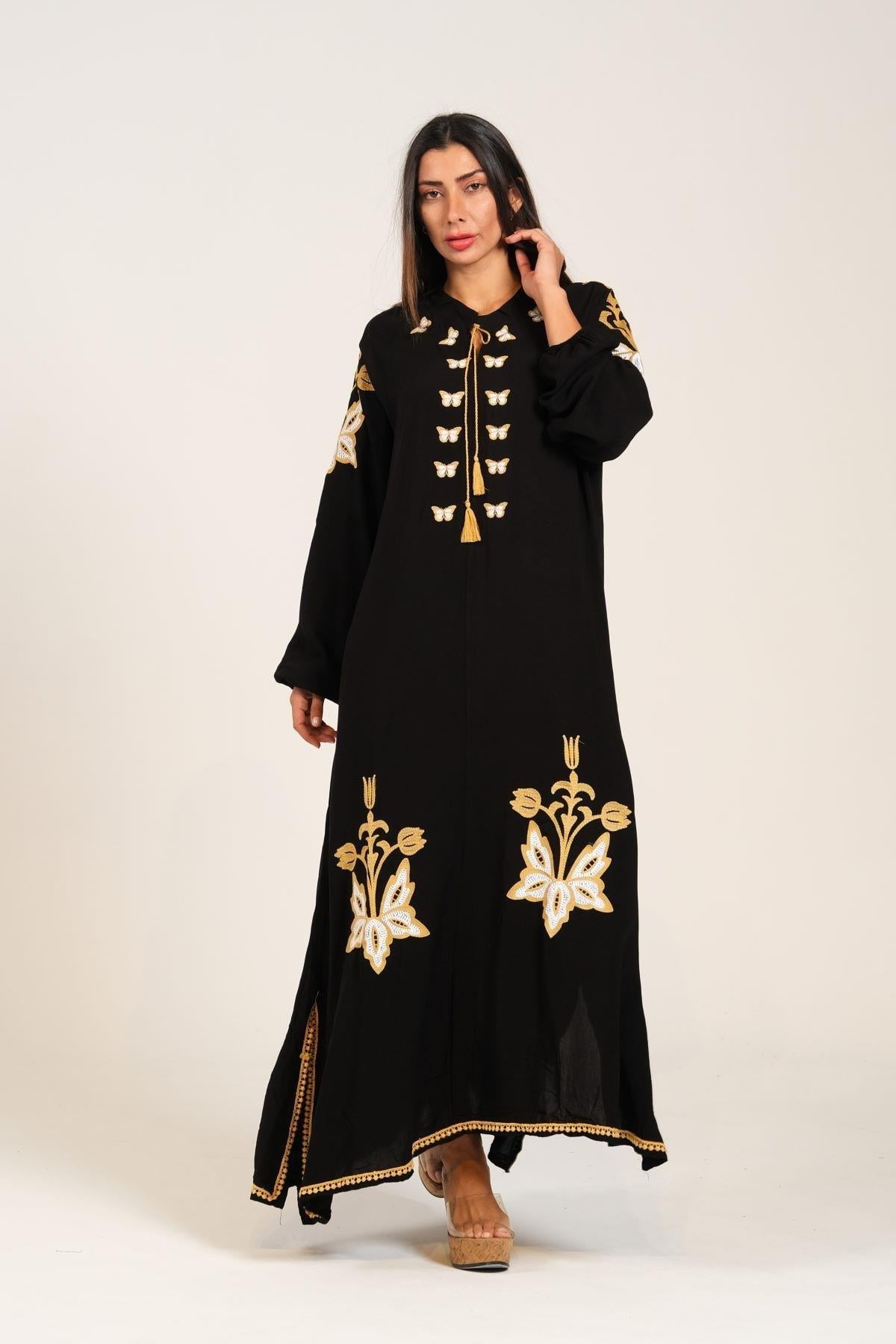 Markano Schwarz Nullkragen Ballonärmel Authentisch Besticktes Langes Kleid