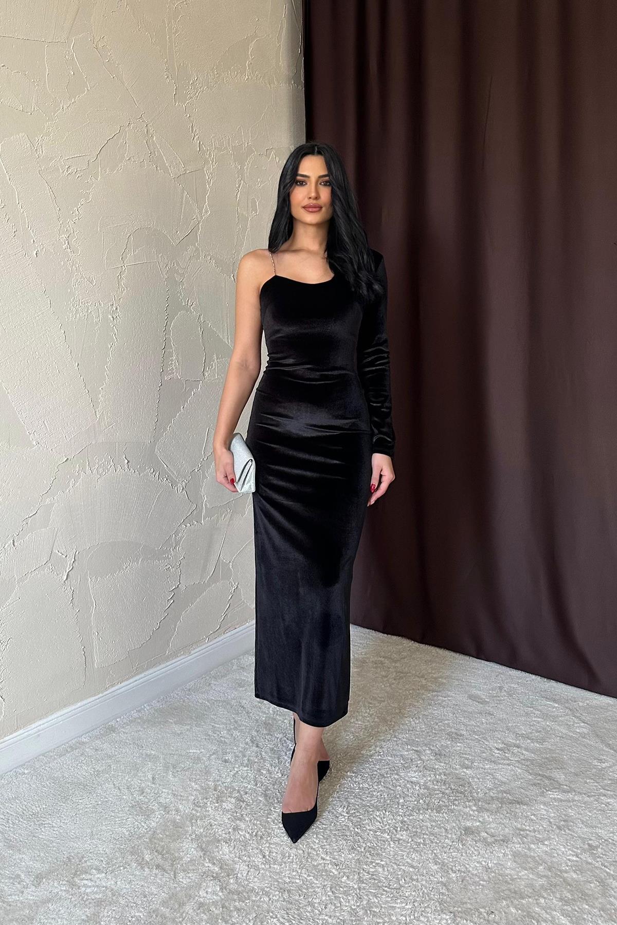 Tek Omuzlu Taş Askılı Elbise