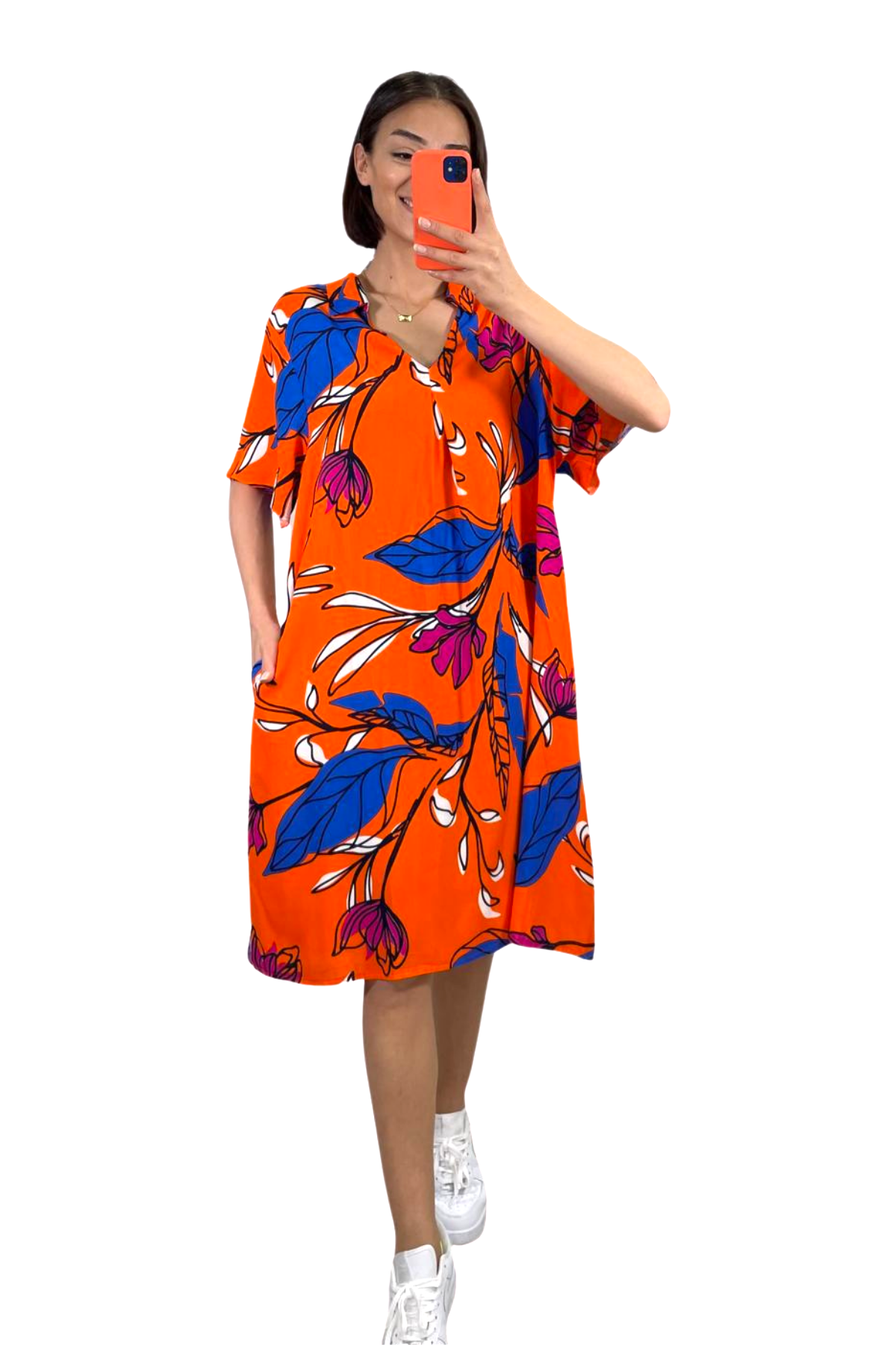 Turuncu Çiçekli Gömlek Yaka Cepli Kısa Elbise