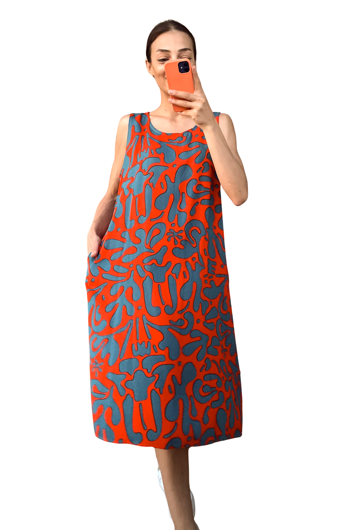 Turuncu Desenli Kalın Askılı Cepli Midi Elbise