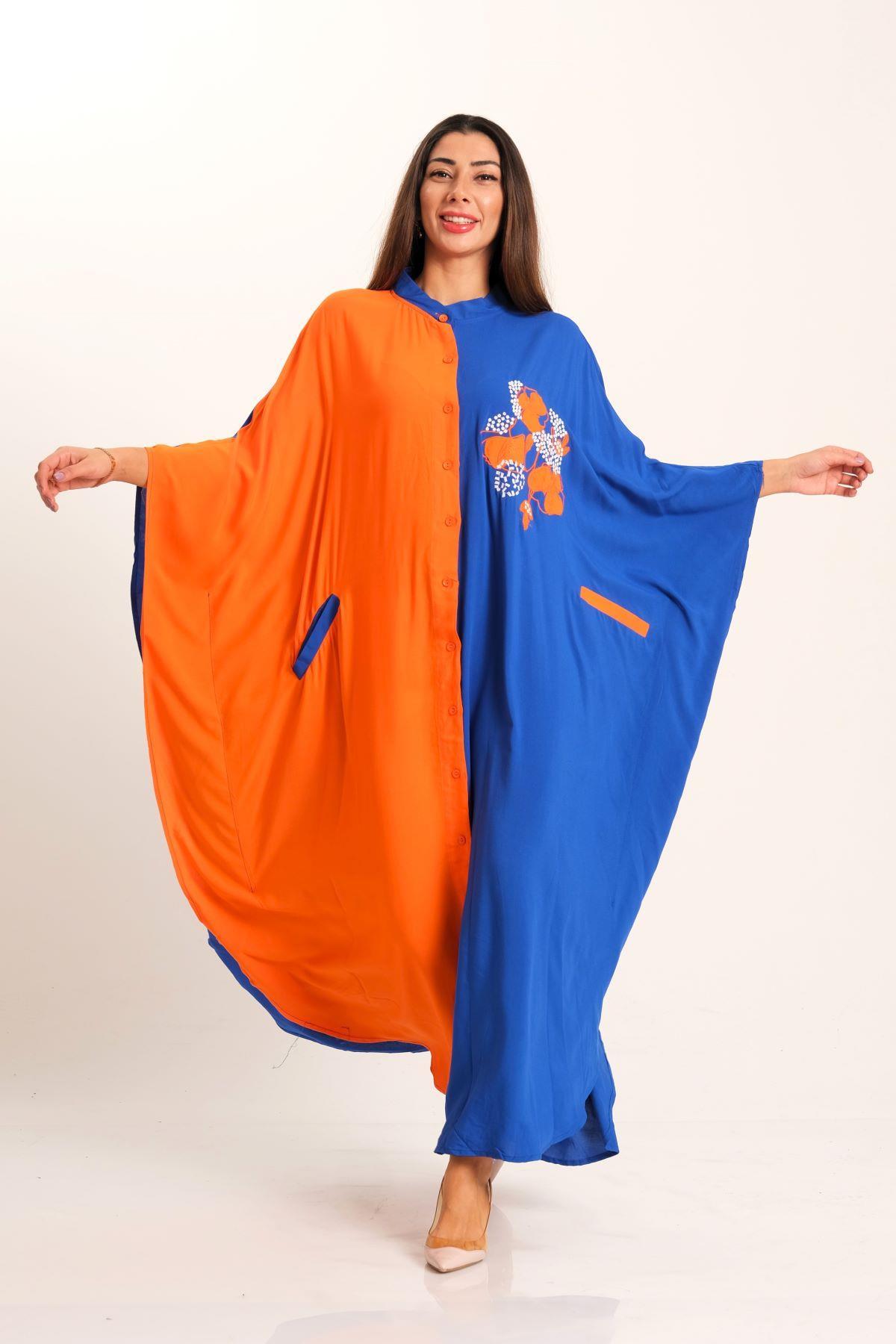 Markano Orange-blaues, garniertes, überschnittenes langes Kleid mit bestickten Brust- und Gesäßtaschen